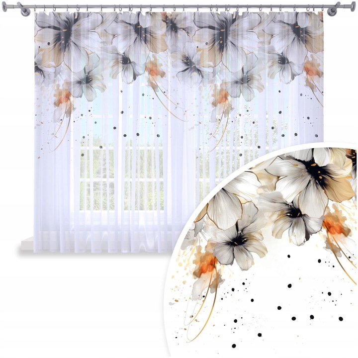 Perdele, Homeview, 400x160 cm, Pentru camera de zi si dormitor, Cu banda de incretire, Lana, Decorativ, Montaj usor, Poliester, Alb cu imprimeu floral