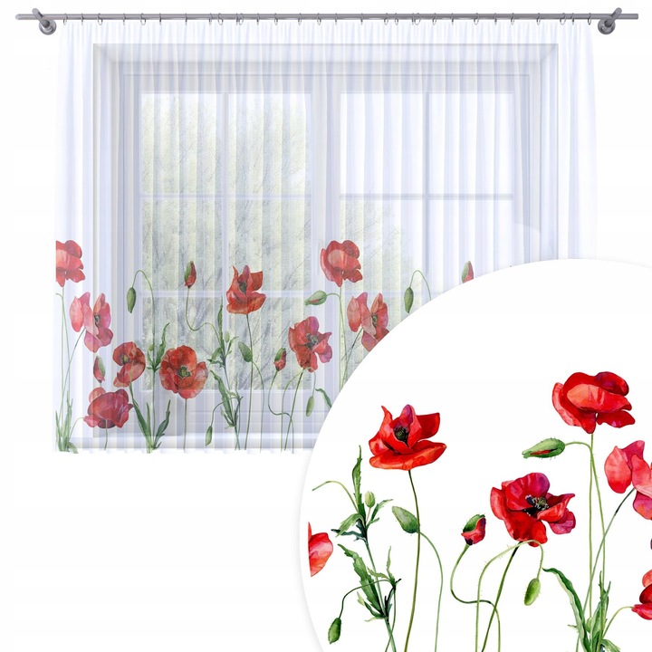 Perdele, Homeview, 300x160 cm, Pentru camera de zi si dormitor, Cu panglica, Lana, Decorativ, Montaj usor, Poliester, Alb cu imprimeu floral