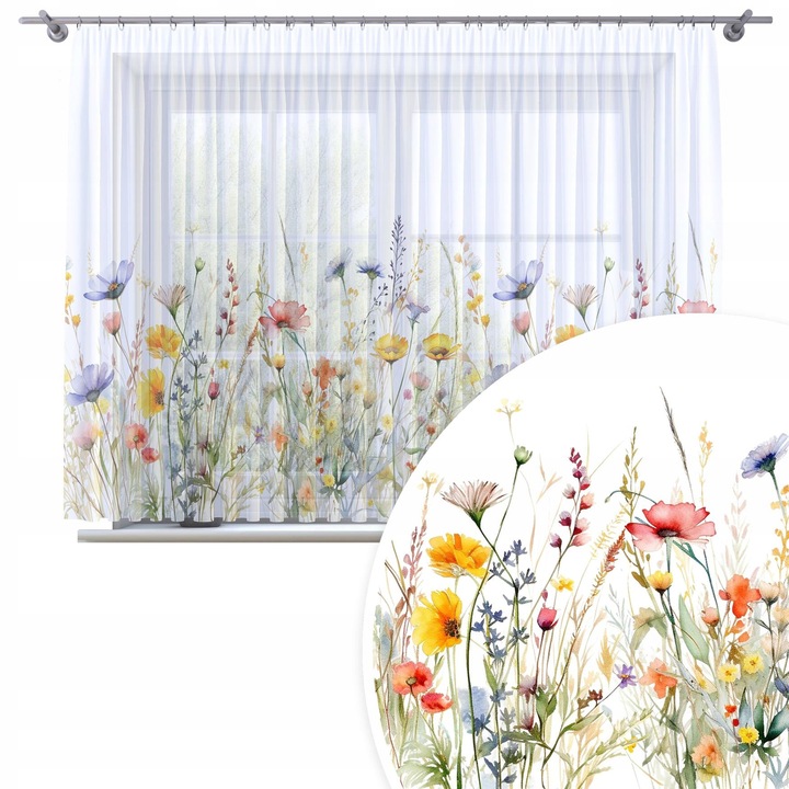 Perdele, Homeview, 300x150 cm, Pentru camera de zi si dormitor, Cu banda de incretire, Lana, Decorativ, Montaj usor, Poliester, Alb cu imprimeu floral