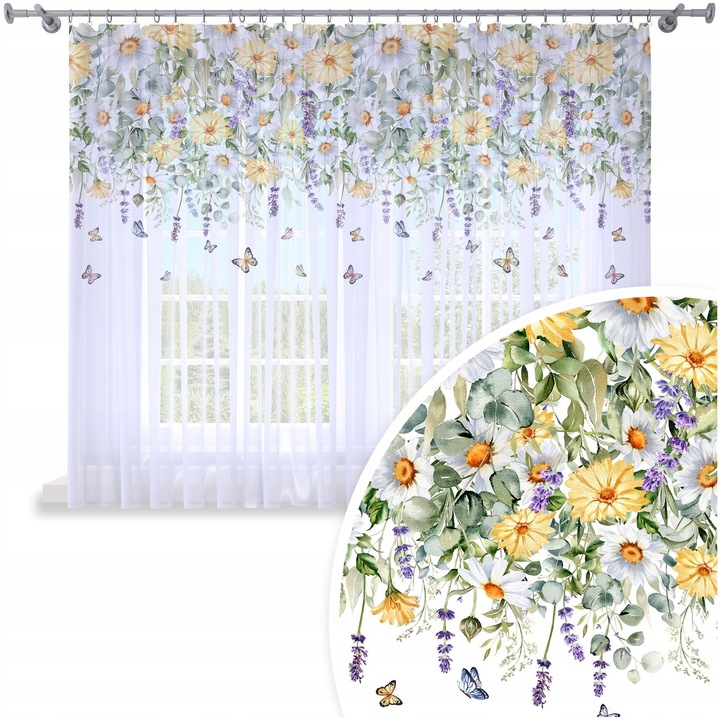 Perdele, Homeview, 300x160 cm, Pentru camera de zi si dormitor, Cu panglica, Lana, Decorativ, Montaj usor, Poliester, Alb cu imprimeu floral