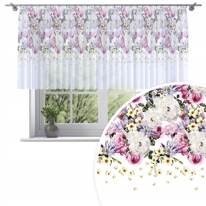 Perdele, Homeview, 400x120 cm, Pentru camera de zi si dormitor, Cu banda de incretire, Lana, Decorativ, Montaj usor, Poliester, Alb cu imprimeu floral