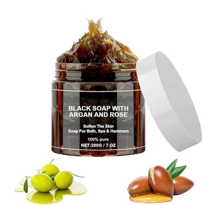 Сапун с арган и роза, ексфолиант за кожа, хидратиращ, за ежедневна употреба, черен, 200 гр