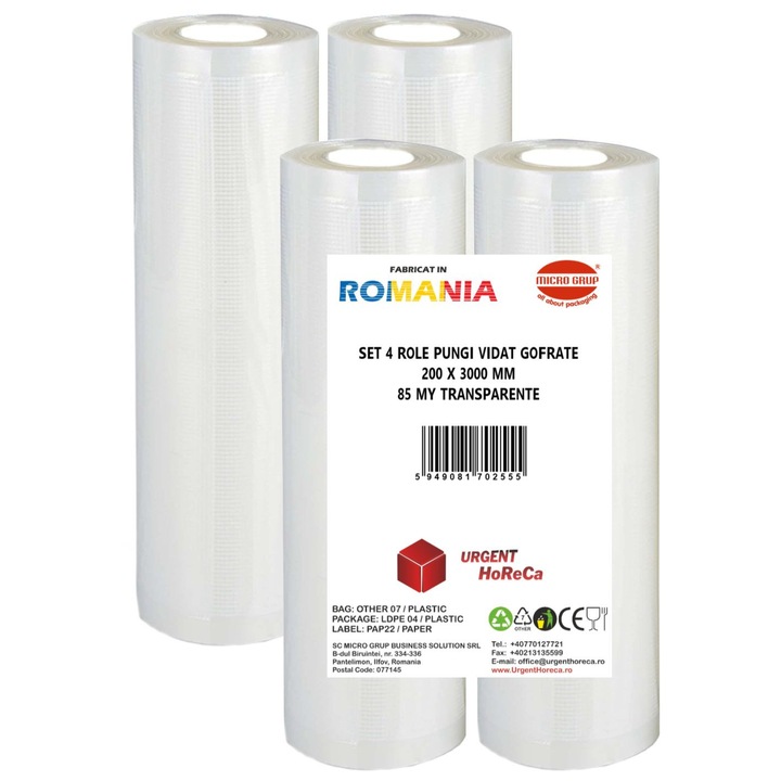 Set 4 role pungi vidat gofrate, dimensiuni 200x3000 mm, transparente, grosime 85 microni, preparare sau depozitare Sous Vide