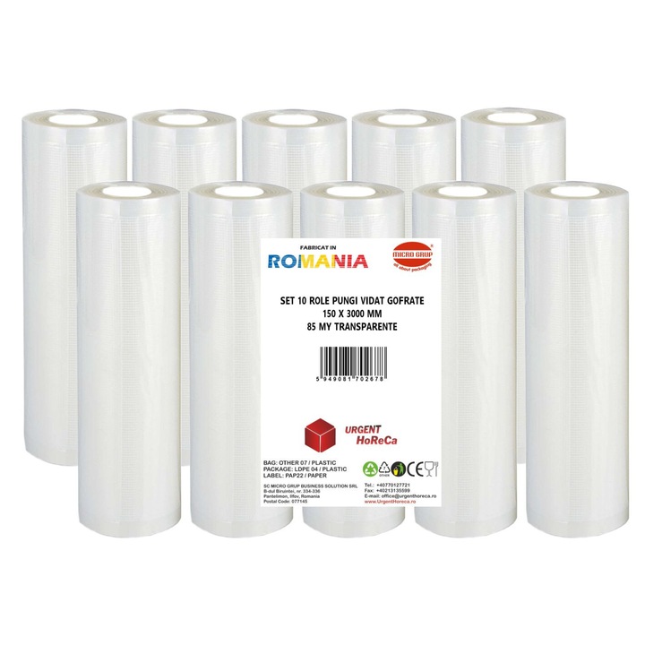 Set 10 role pungi vidat gofrate, dimensiuni 150x3000 mm, transparente, grosime 85 microni, preparare sau depozitare Sous Vide