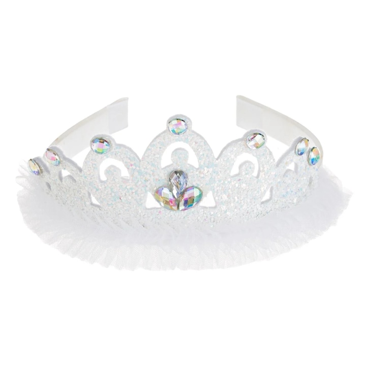 Coronita Tiara Par Alba cu Tul Glitter Holografic & Pietre Irizate pentru Copii
