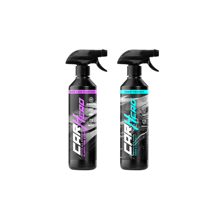 Pachet Solutie Regenerat Plastic & Cauciuc + Curatare fara Apa & Ceara Carnauba, New Look Plastics™ + Smart Protect V2.0, Car Hero, 500ml, Protectie UV, Luciu Intens, Detailing Auto, Interior & Exterior