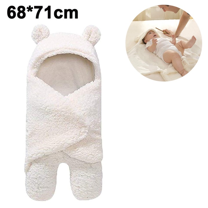 Sac de dormit bebe, bumbac si casmir artificial, alb, 68x71cm