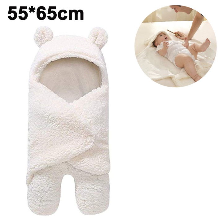 Sac de dormit pentru bebelusi, bumbac si casmir artificial, alb, 55x65cm si 68x71cm