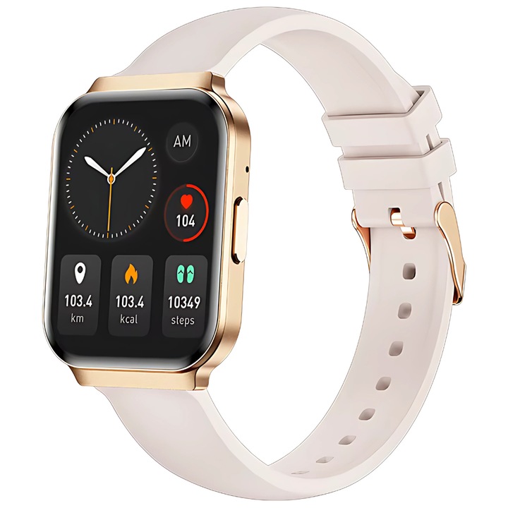 Смарт часовник за деца Evolve-x EvoWatch 8, Bluetooth обаждания и известия, сърдечен ритъм, кръвно налягане, сън, мониторинг на нивото на кислород и калории, спортни режими, гласов асистент, съвместим с iOS и Android, тънък дизайн, силикон, златист