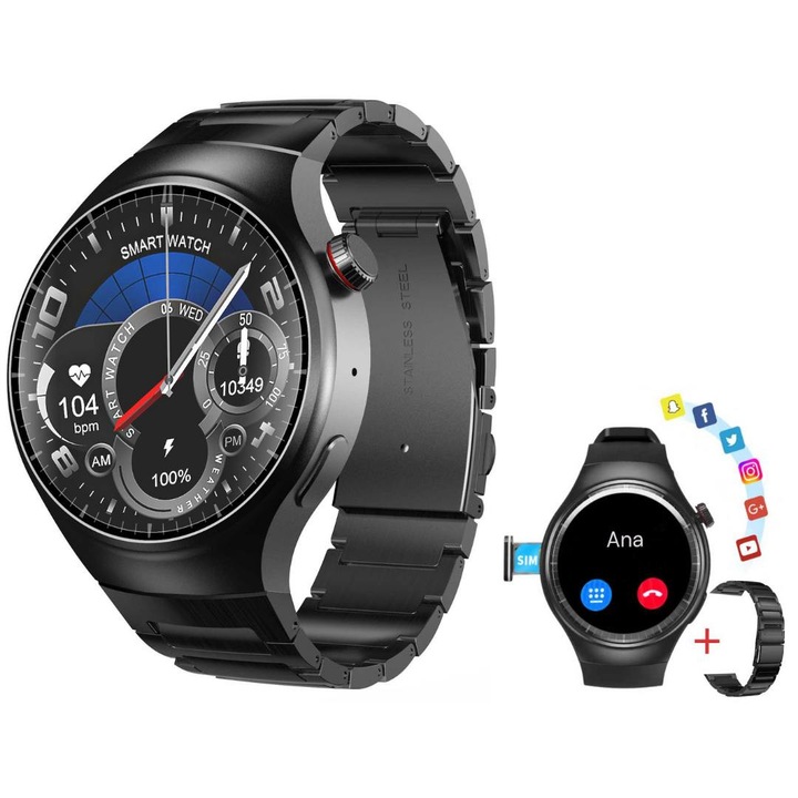 Мъжки смарт часовник LUMAUDiO® Python 4G LTE, слот за SIM карта, GPS навигация, Bluetooth повикване, AMOLED екран 1.43", Социални приложения TikTok, Facebook, WhatsApp, Instagram, Здравен мониторинг, 16GB памет, Водоустойчив, 2 каишки в комплекта, Черен