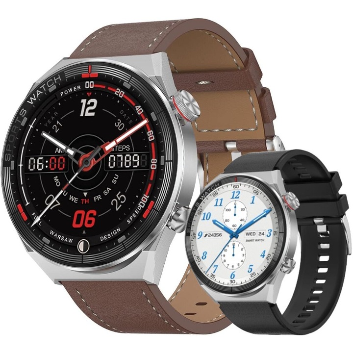 DT™ WATCH3 MATE Smartwatch, Bluetooth HD Calling, 1.5" Assistive Touch, AI Voice Assistant, GPS Track, NFC контрол на достъпа, 24/7 фитнес тракер, монитор на сърдечния ритъм, безжично зареждане, аеродинамичен, кожена и силиконова каишка, Master Silver