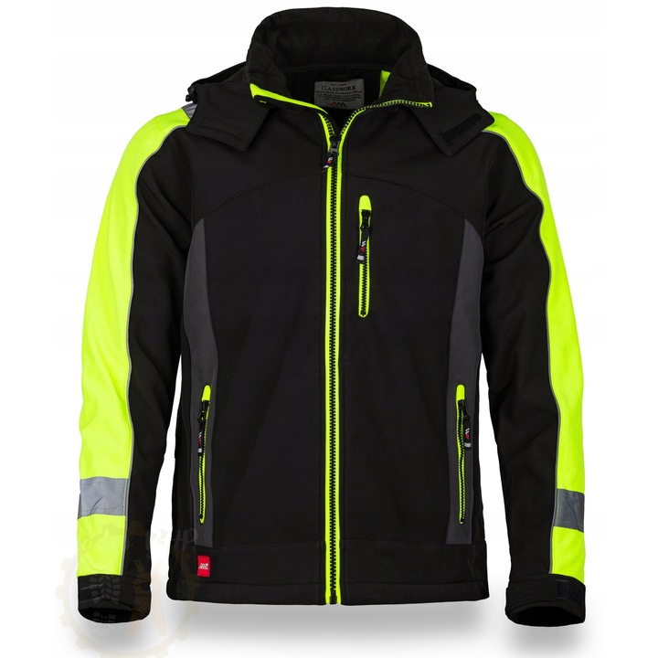 Jacheta Tip Softshell, Artmas, Zapa, Pentru Barbati, 94% Poliester + 6% Spandex, Impermeabila, Fermoar, 3 Buzunare, Gluga Detasabila, Benzi Reflectorizante, Benzi Reflectorizante, Gramaj 320 G/M2, Negru/Neon, M