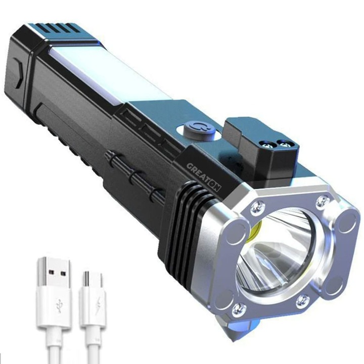 GREATON Акумулаторно многофункционално LED фенерче, нож, предпазен чук, степен на защита IP44, магнитна ръкохватка, ABS, захранване от USB кабел, 4 светлинни режима, светлинен поток 300 Lm, черно/сребристо