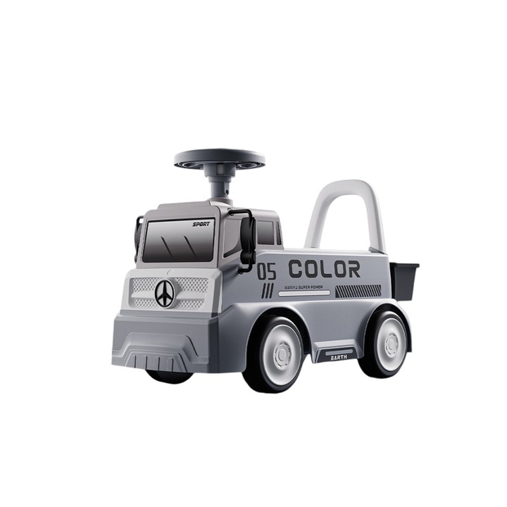 Кола за возене, Детско управление, Система против преобръщане, Интегриран клаксон на волана, Осветителна система, Звукова система, Място за съхранение, Възраст 2-5 години, Сив