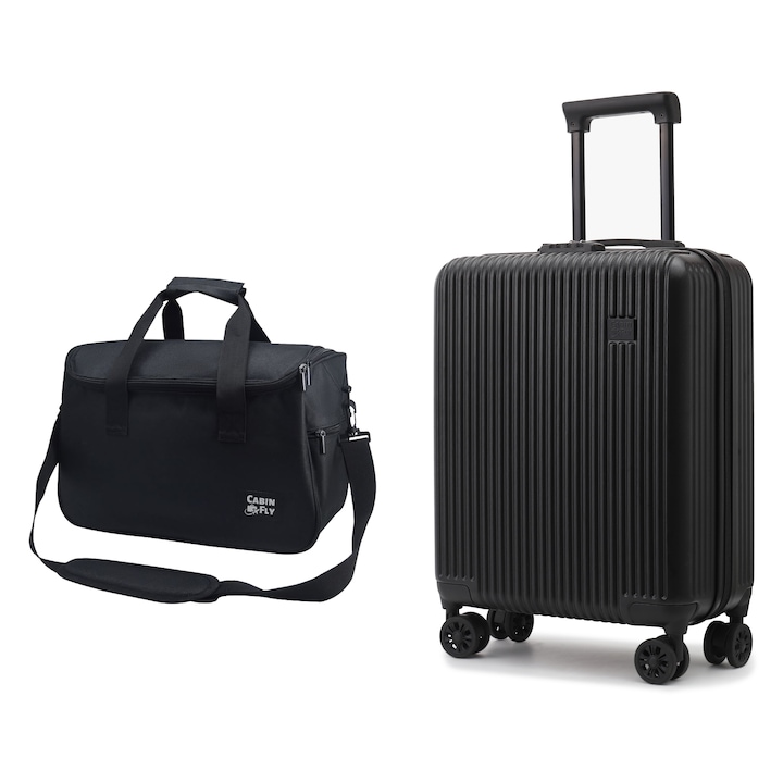 Cabinfly utazókészlet RyanAir Priorityhez, fekete utaskocsi 55x40x20 cm és válltáska 40x20x25 cm, ideális városi kirándulásokhoz és légi utazásokhoz