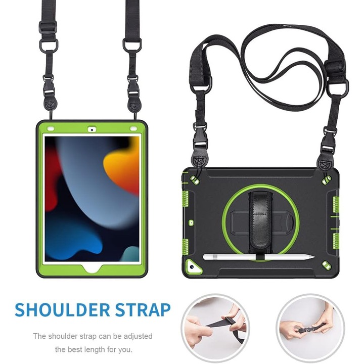 Husa premium Sigloo pentru Apple iPad 9th/8th/7th Gen (2021/2020/2019), 10.2'', Protectie Completa, Suport Creion, Stand rotativ, Curea Umar, Anti-Soc, Negru