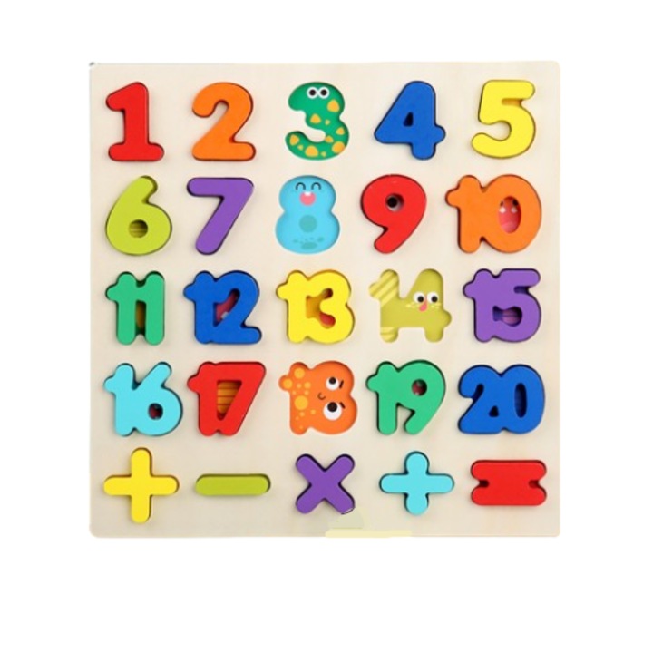 Puzzle Montessori interactiv, din lemn, 2+ ani, Numeric, cu fundal, Multicolor