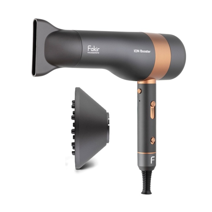 Uscator de par Fakir Ion Booster, Motor digital AC 2000W, Ionizare, Reglare continua viteza, 3 trepte temperatura, LCD, Aer rece, Difuzor si concentrator incluse, Cablu 2.5m, Antracit