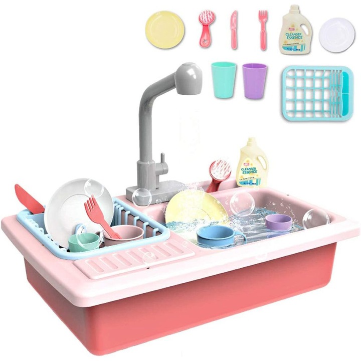 Játék konyhai mosogató szett gyerekeknek, szimulált csappal és mellékelt konyhai kiegészítőkkel - piros