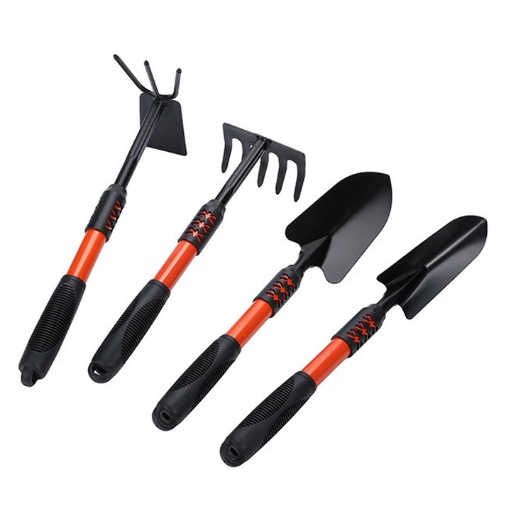 Комплект от 4 градински инструмента, OPTIM SOLUTION, за засаждане, обработка, копаене, грижа за растенията, разнообразие от градински аксесоари, оранжеви разтегателни дръжки, материал от въглеродна стомана, професионален, XTO, оранжев