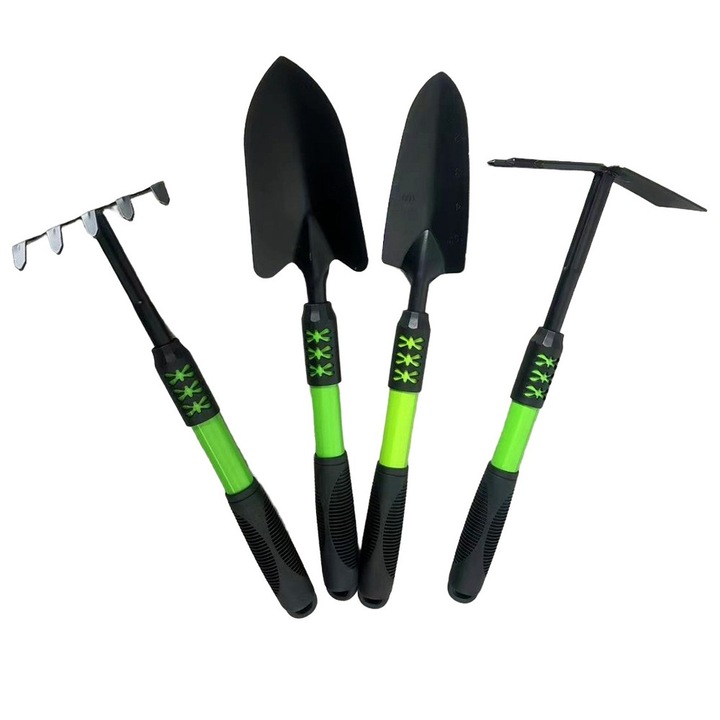 Комплект от 4 градински инструмента, OPTIM SOLUTION, за засаждане, обработка, копаене, грижа за растенията, разнообразие от градински аксесоари, зелени разтегателни дръжки, въглероден PVC материал, професионален, 43 x 11 см, XTO, зелен