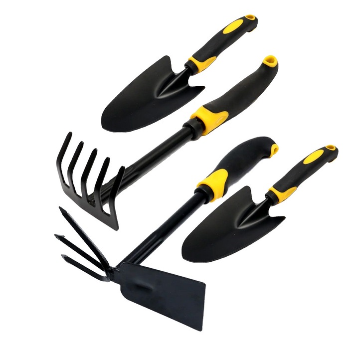 Комплект от 4 градински инструмента, OPTIM SOLUTION, за засаждане, обработка, копаене, грижа за растенията, разнообразие от градински аксесоари, жълти дръжки, карбон PVC материал, професионален, 43 x 11 см, XTO, жълт