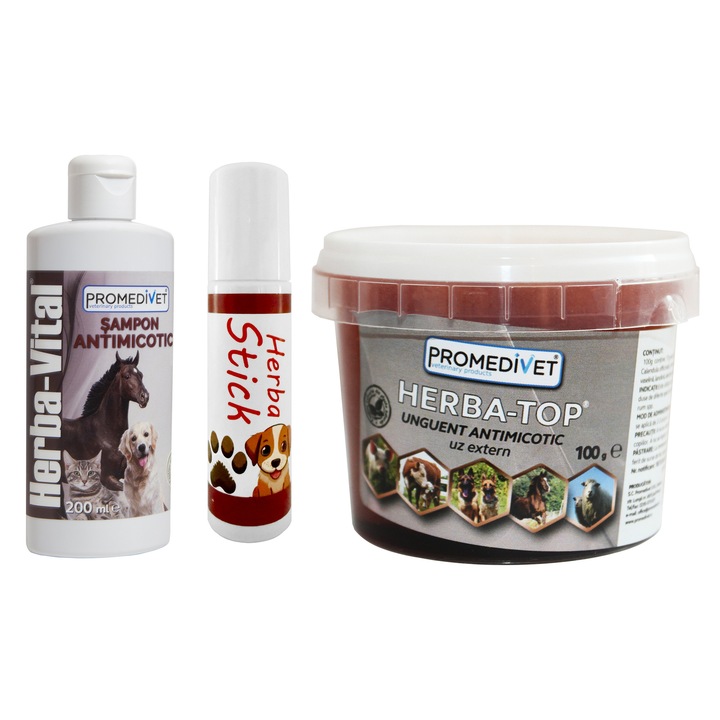 Pachet Antimicotic Unguent Herba Top, 100g, Sampon Herba Vital, pentru caini, pisici si cabaline, 200ml si Stick Roll On pentru caini, hidrateaza, calmeaza si previne uscarea, craparea si zgariatul labutelor, 10ml