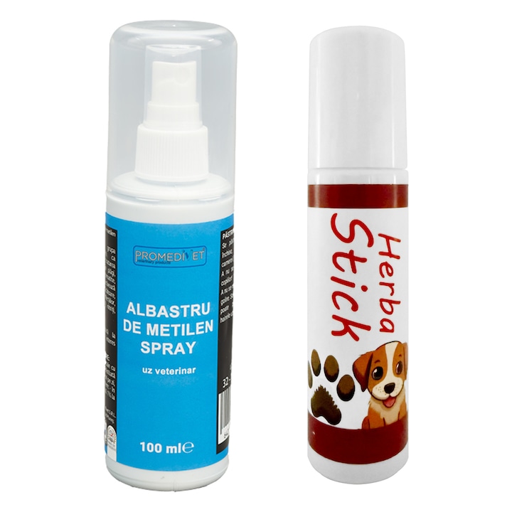 Pachet Ingrijire Labute Caini Albastru de Metilen 1% Spray, 100ml si Stick Roll On, hidrateaza, calmeaza si previne uscarea, craparea si zgariatul labelor, leziunile existente, flacon de 10 ml