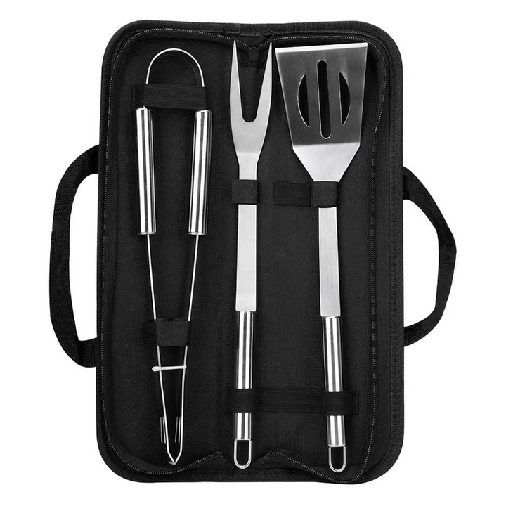 Set 3 Ustensile pentru Gratar, OPTIM SOLUTION, Paleta, Cleste, Furculita, Accesorii Profesionale BBQ din Otel Inoxidabil, Durabil, Rezistent la Coroziune, Geanta Oxford, pentru Gradina, Prindere Confortabila, Manere Ergonomice, XTO, Argintiu