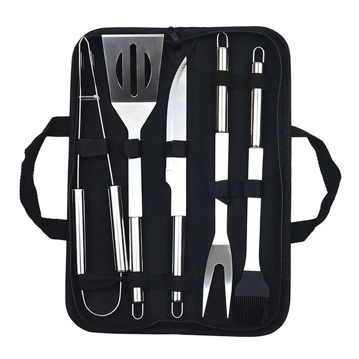 Set 5 Ustensile pentru Gratar, OPTIM SOLUTION, Paleta, Cleste, Furculita, Cutit, Pensula, Accesorii Profesionale BBQ Otel Inoxidabil, Durabil, Rezistent la Coroziune, Geanta Oxford, pentru Gradina, Prindere Confortabila, Manere Ergonomice, XTO, Argintiu