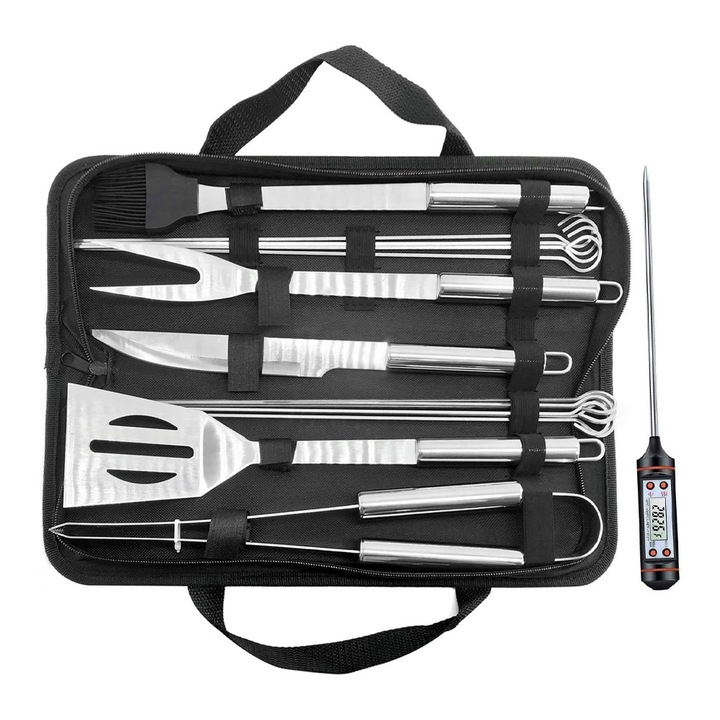 Set 14 Ustensile pentru Gratar cu Termometru, OPTIM SOLUTION, Accesorii Profesionale BBQ Otel Inoxidabil, Durabil, Rezistent la Coroziune, Geanta Oxford, pentru Gradina, Prindere Confortabila, Manere Ergonomice, XTO, Argintiu