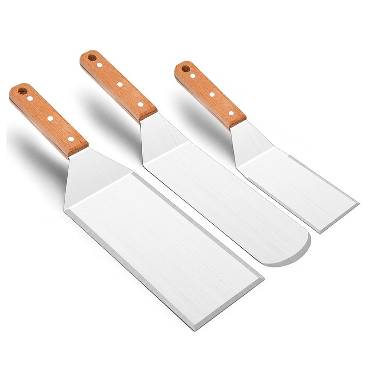 Set 3 x Spatula pentru Gratar, OPTIM SOLUTION, 3 Forme din Metal Durabil, Accesorii Profesionale BBQ, Margini Subtiri, Suprafata Antiaderenta, Rezistente la Temperaturi Ridicate, pentru Gradina, Manere Ergonomice din Lemn, cu Agatatoare, XTO, Gri