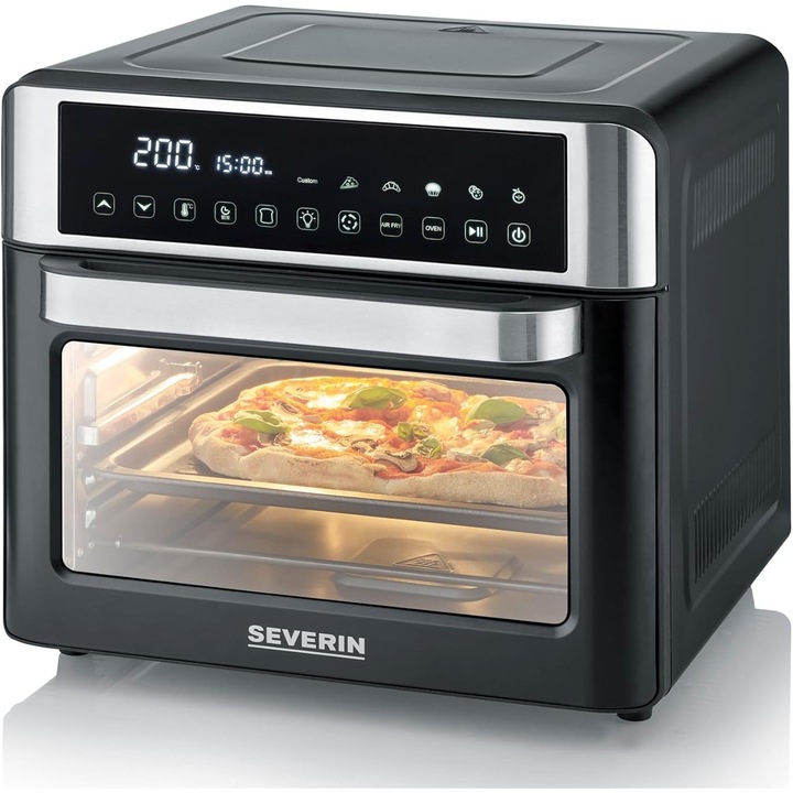 Cuptor electric Severin Bake & Fry, 2200 W, 25 L, 12 programe, Timer, display LED, 3 accesorii, Negru/Argintiu
