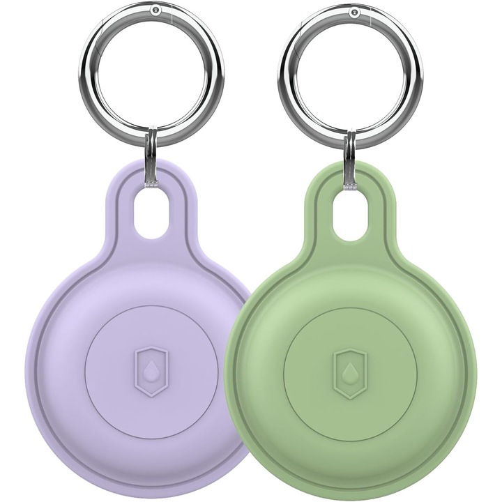 Set 2 huse de protectie pentru Apple AirTag, din silicon premium, impermeabile, protectie impotriva prafului si a zgariturilor, durabile, verde/mov