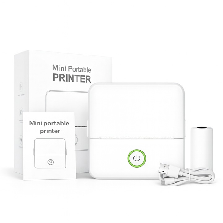 Mini imprimanta termica portabila RAMWISH®, Bluetooth, compatibila iOS & Android, aplicatie Tiny Print, 200 DPI, hartie 57 mm, alb + 6 role hartie + cablu USB-C Alb