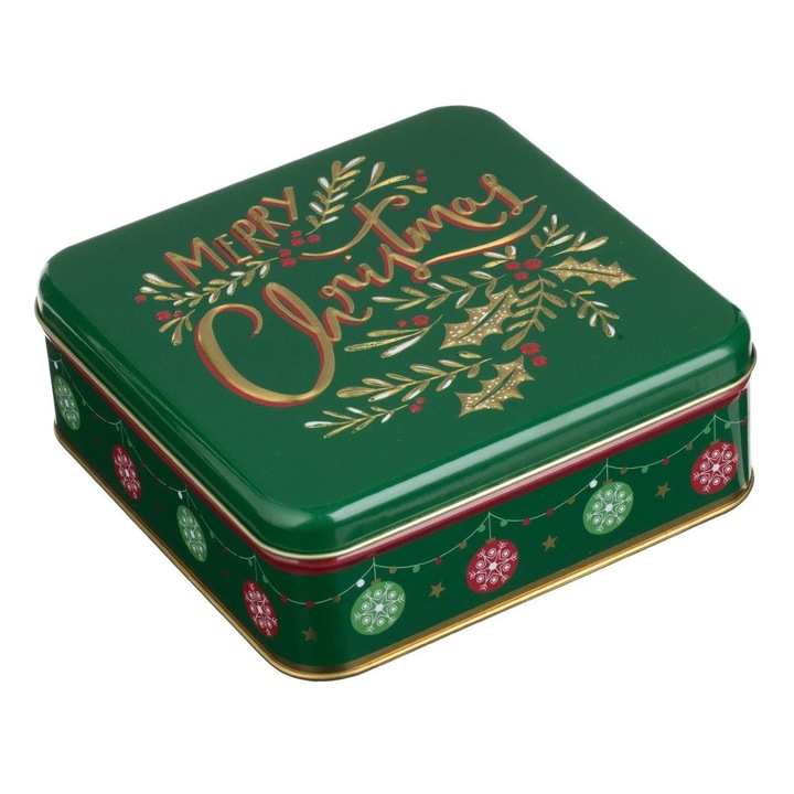 Cutie Alimente Patrata Metalica Verde cu Model Reliefat de Craciun 17x17x6cm
