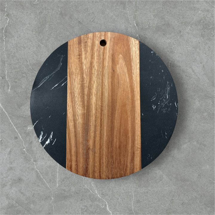 Tocator de bucatarie rotund din marmura si lemn SanDonna negru 25x25 cm