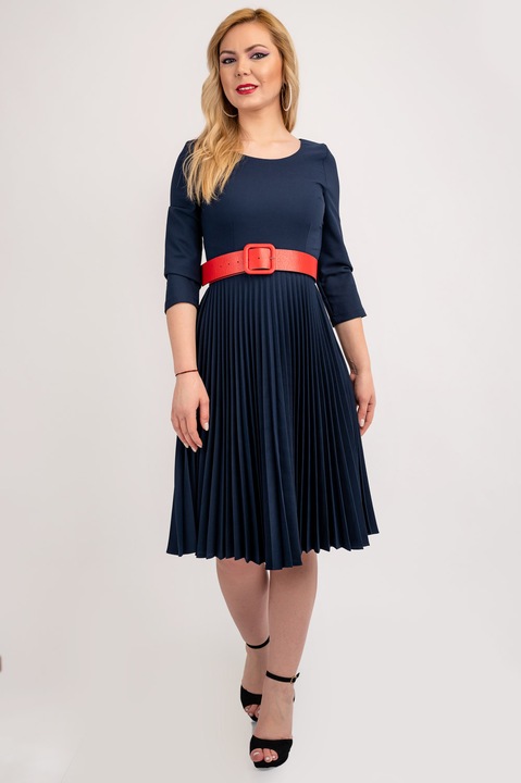 Rochie Dama Rebeca Cu Fusta Plisata si Curea Rosie, Albastru