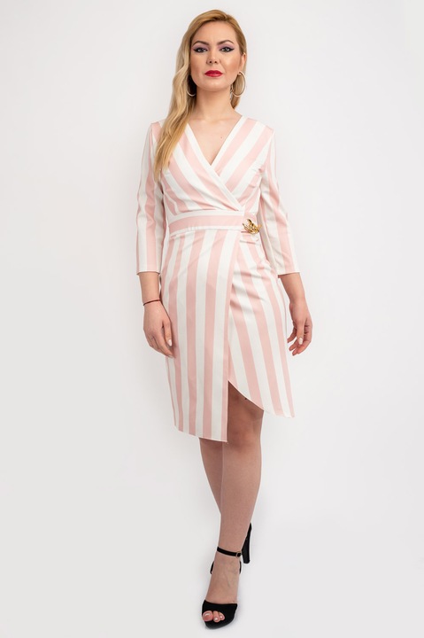 Rochie Dama Eleganta Roz Prafuit si Alb Cecilia, Alb/Roz