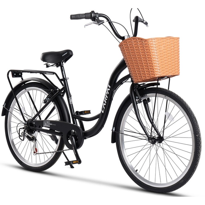 Városi kerékpár 26"-os kerekekkel, Shimano felszerelés, forgó kar, csomagtartó, sárvédők, kosár, V-fék, 7 sebesség, fekete/fehér, City Bike Rich Classic Genius unisex