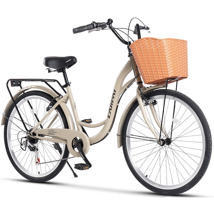 Városi kerékpár 26"-os kerekekkel, Shimano felszerelés, forgó kar, csomagtartó, sárvédők, kosár, V-fék, 7 sebesség, bézs/fekete, City Bike Rich Classic Genius unisex