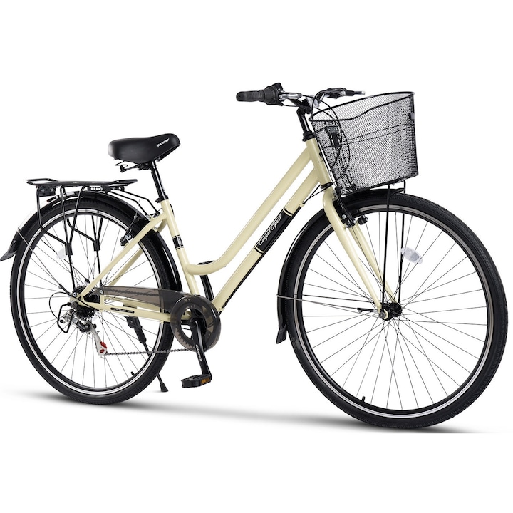 Градски велосипед с 28" колела, оборудване Shimano, въртящ се лост, багажник, калници, V-Brake спирачки, 7 скорости, бежово/черно, City Bike Rich Classic Genius Unisex 2.8