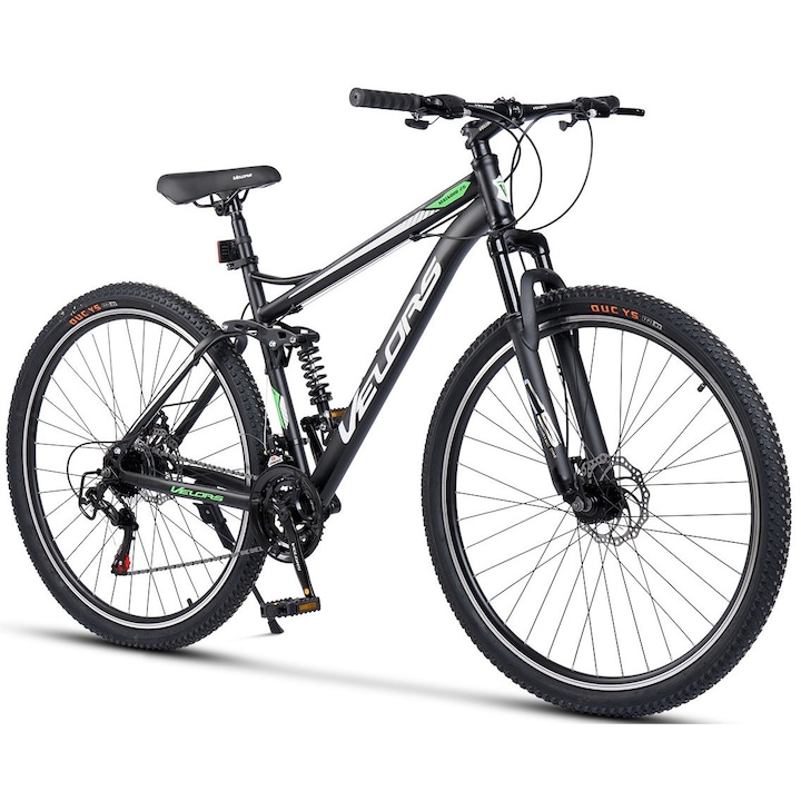 MTB велосипед с 29" колела, оборудване Shimano/Carpat, ДИСКОВИ спирачки-предни/задни, 21 скорости, черно/бяло/зелено, планински велосипед Velors Matador Genius с двойно окачване 2025 поколение