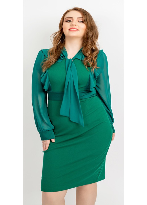 Rochie conica accesorizata cu esarfa si volane verde - Moze, Verde inchis