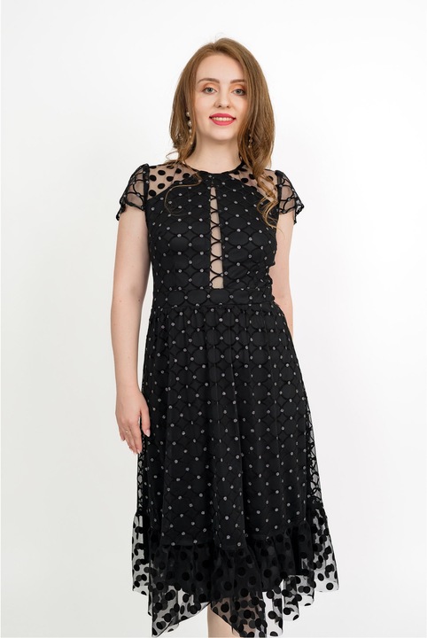 Rochie eleganta dama Abby, midi, neagra cu volan - Moze, Negru