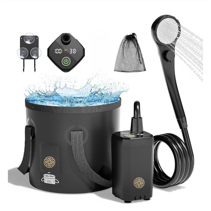 Hordozható Kemping Zuhany POKKO Camp Shower 6000mAh, LED Kijelző, Permetezési Módok, IPX7 Vízálló, összecsukható vödörrel, zuhanyfejjel, tömlővel, szivattyúval, USB kábellel, horoggal, tokkal, túrázáshoz