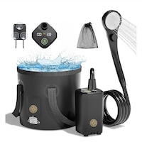 Dus Portabil Camping POKKO Camp Shower™, 120 min de functionare, Ecran LED, Moduri Pulverizare, IPX7 Waterproof, cu Galeata Pliabila, Cap Dus, Furtun, Pompa, Cablu USB, Carlig, Husa, drumetii