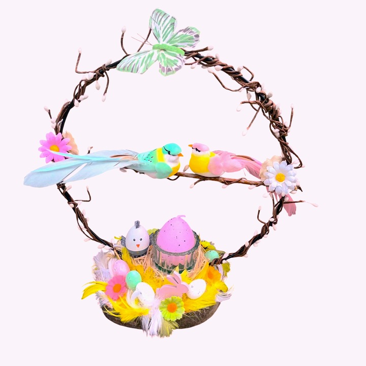 Aranjament pe felie de lemn, decoratiune cu pasari pe ramura, de primavara, Paste, cu lumanare in forma de ou, 18x30 cm, multicolor