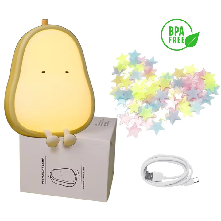 Lampa de Veghe Portabila in forma de Para, Glossyss™, din Silicon Moale, Fara BPA, cu Lumina Calda Reglabila Progresiv, reincarcabila prin USB, Suport Telefon, Stelute Fosforescente, pentru Camera Nou-Nascutului sau Copilului
