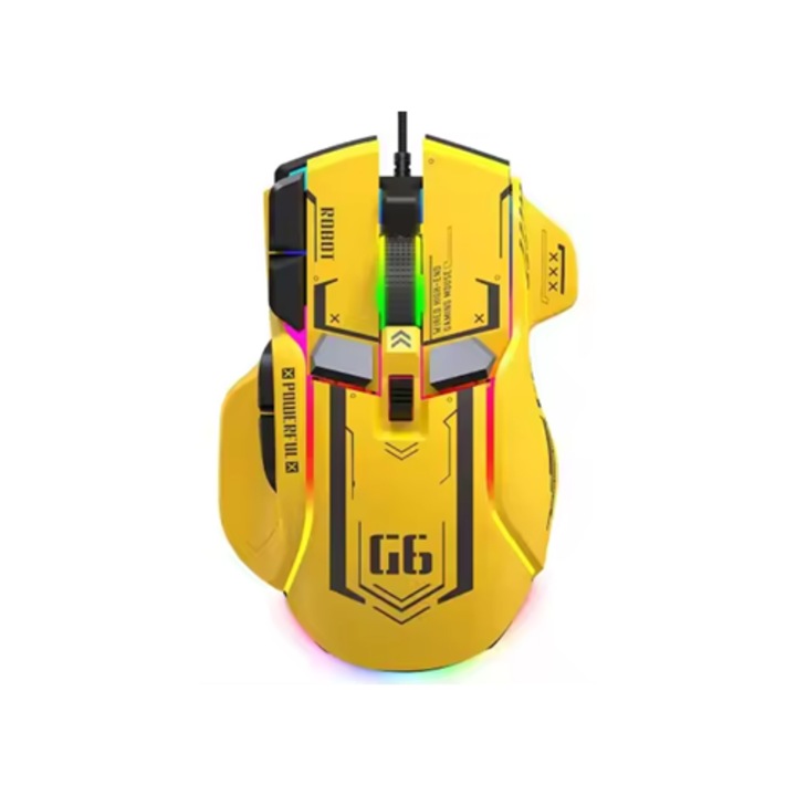 Мишка Gaming G6, жълта, RGB On-Off, 12800 DPI, програмируема, LED осветление, ергономична, производителност и прецизност